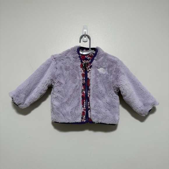 North Face Reversible Mossbud Purple Valley Floral Fleece Zip-Up Jacket Baby 0-3 - Picture 3 of 4